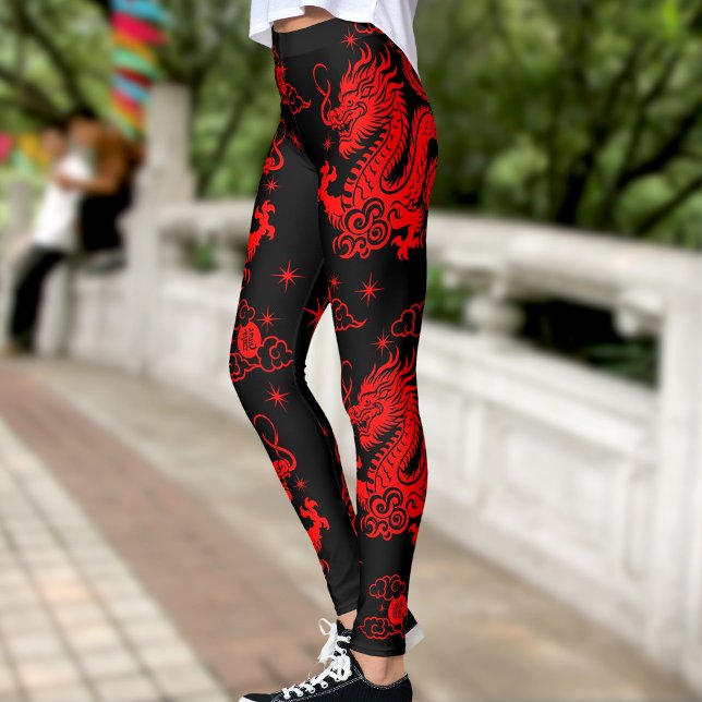 Black Red Dragon kinesisk nyårsmodern Leggings (LINK FOR 2026 YEAR OF THE HORSE: www.zazzle.com/collections/119527212422228266)