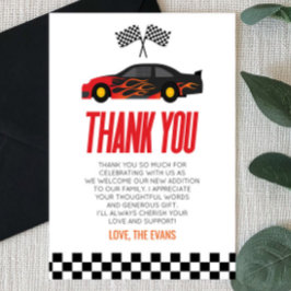 Black Red Flame Racecar Tävling Car Baby Shower Tack Kort