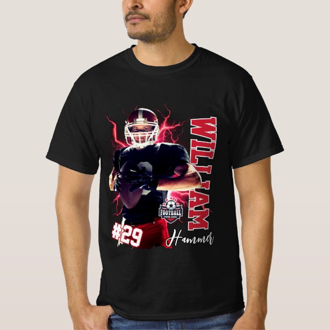 Black Red Football Player Ccustom Namn & Photo T Shirt (Framsida)