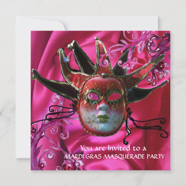 BLACK RED FUCHSIA JESTER MASK ,Masquerad Party Inbjudningar (Framsida)