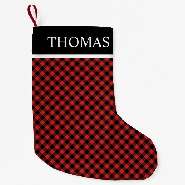 Black Red Gingham Custom Name Liten Julstrumpa (Framsidan)