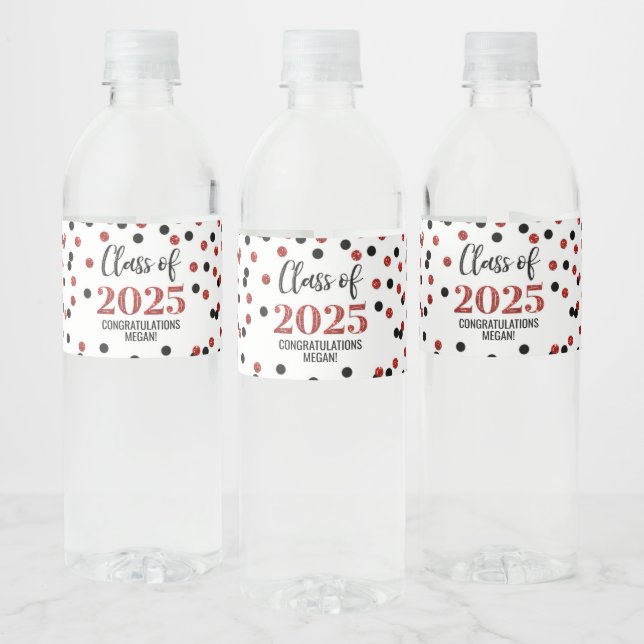 Black Red Glitter, klass 2025 Studenten Vattenflaskor Etikett (Flaskor)