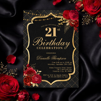 Black, Red & Gold 21st Birthday Invitation Inbjudningar