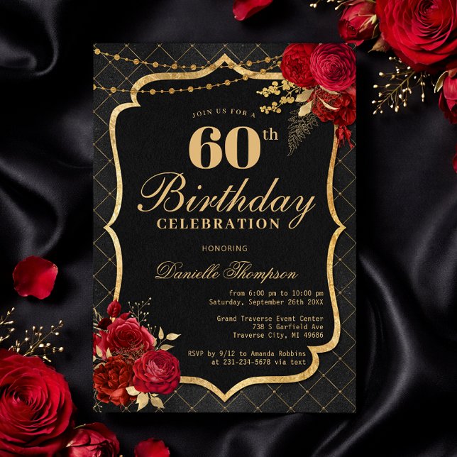 Black, Red & Gold 60th Birthday Invitation Inbjudningar (Black, Red & Gold 60th Birthday Invitation with Roses
)