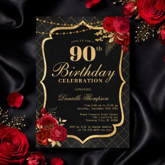 Black, Red & Gold 90th Birthday Invitation Inbjudningar