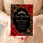 Black Red Gold Quinceanera Spara Datumet<br><div class="desc">Black red and gold Quinceanera celebration Save The Date card. Features,  script font,  butterflies,  watercolor roses and tiara. Perfect for an elegant princess style glam celebration. Personalize with your own details. Printed Zazzle cards or instant download digital printable template.</div>