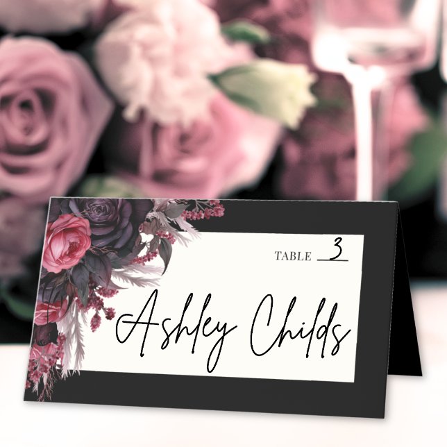 Black Red Gothic Blommigt Bröllop Placeringskort (Black Red Gothic Floral Wedding Place Card )