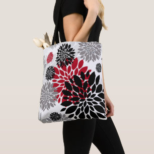 Black Red Grått Oversized Blommönster Tygkasse