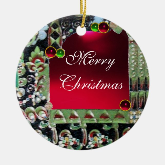 BLACK RED GRÖNT ART NOUVEAU GEMSTONE MONOGRAM Ruby Julgransprydnad Keramik (Framsidan)