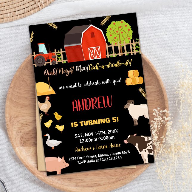 Black Red Grönt Boskap Birthday-inbjudningar Inbjudningar (Black Red Green Farm Animals Birthday Invitations)