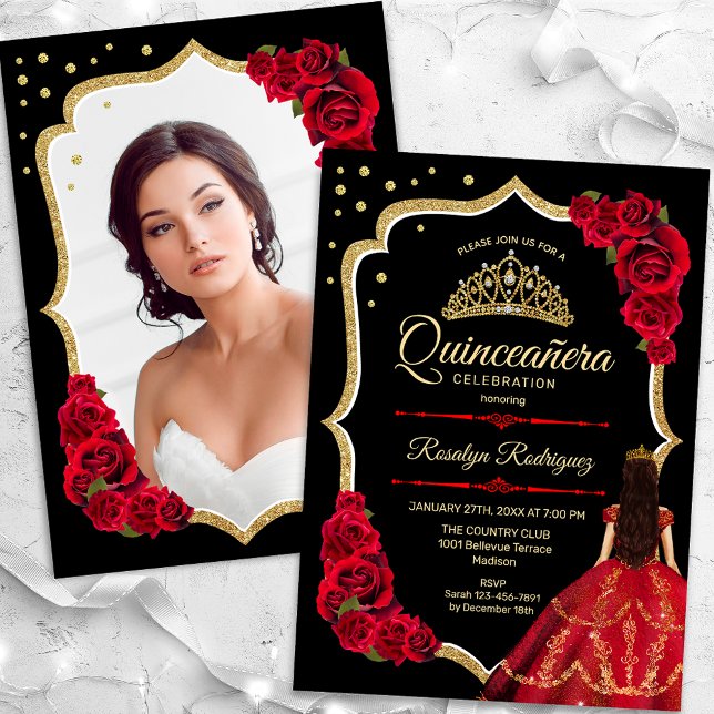 Black Red Guld Dress Quinceanera Photo Inbjudningar (Skapare uppladdad)