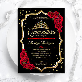 Black Red Guld Elegant Quinceanera Inbjudningar