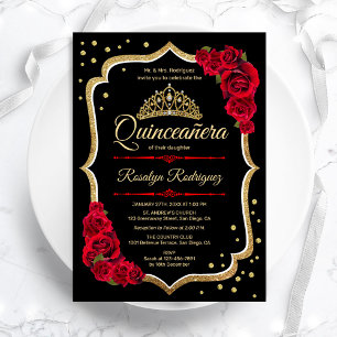 Black Red Guld Elegant Quinceanera Inbjudningar