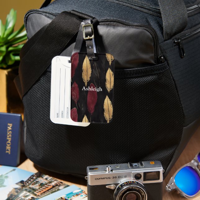 Black Red Guld Feathers Bagagebricka (Framsida & Baksida)