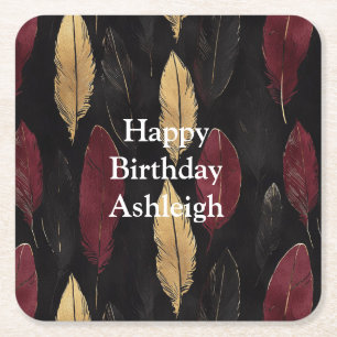 Black Red Guld Feathers Birthday Underlägg Papper Kvadrat
