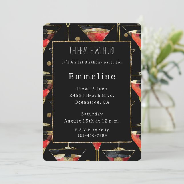 Black Red Guld Martini Birthday Inbjudningar (Stående Fram)
