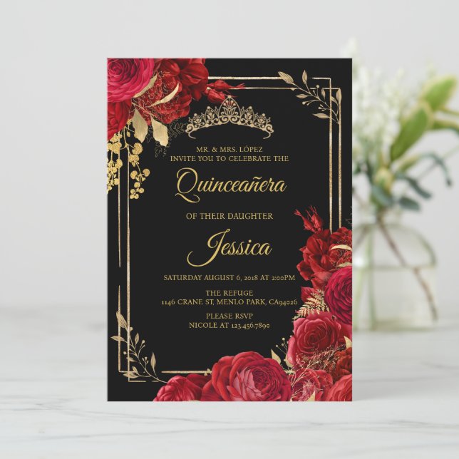 Black Red Guld Quinceanera-inbjudan Inbjudningar (Stående Fram)