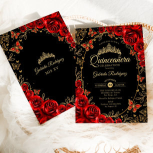 Black Red Guld Quinceanera Inbjudningar