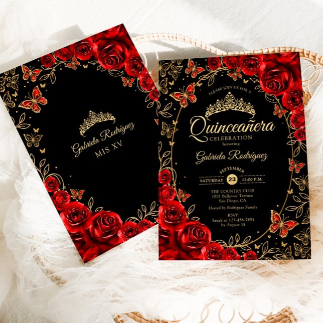 Black Red Guld Quinceanera Inbjudningar (Skapare uppladdad)