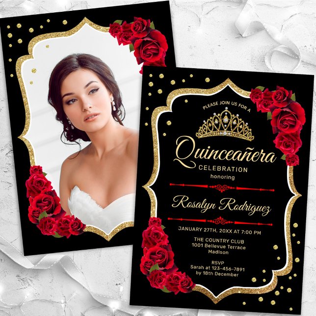 Black Red Guld Quinceanera Photo Inbjudningar (Skapare uppladdad)