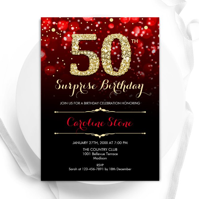 Black Red Guld Surprise 50:e födelsedagen Inbjudningar (Skapare uppladdad)