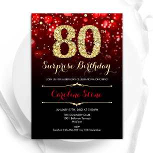 Black Red Guld Surprise 80 Birthday Inbjudningar