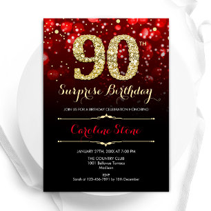 Black Red Guld Surprise 90:e Birthday Inbjudningar