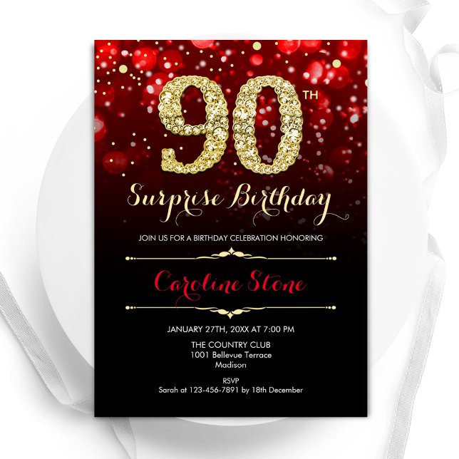 Black Red Guld Surprise 90:e Birthday Inbjudningar (Skapare uppladdad)