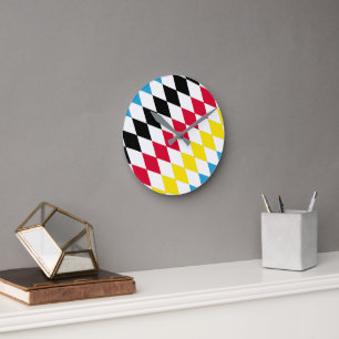 Black Red Gult Blue Bavaria Diamond Flagga Mönster Rund Klocka