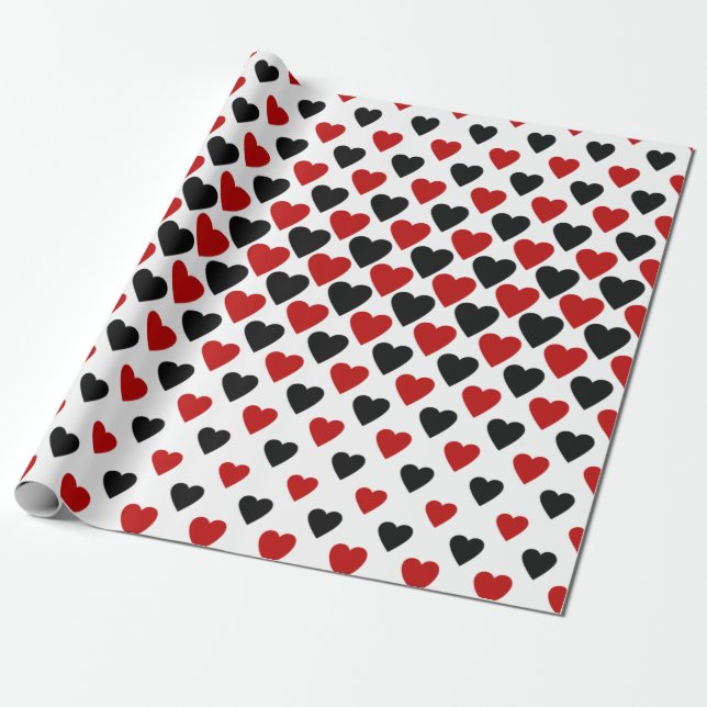 Black & Red Heart Valentine Presentpapper (Utrullad)