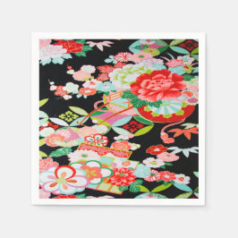 Black Red Japansk Kimono Blommigt Decoupage Papper Pappersservett