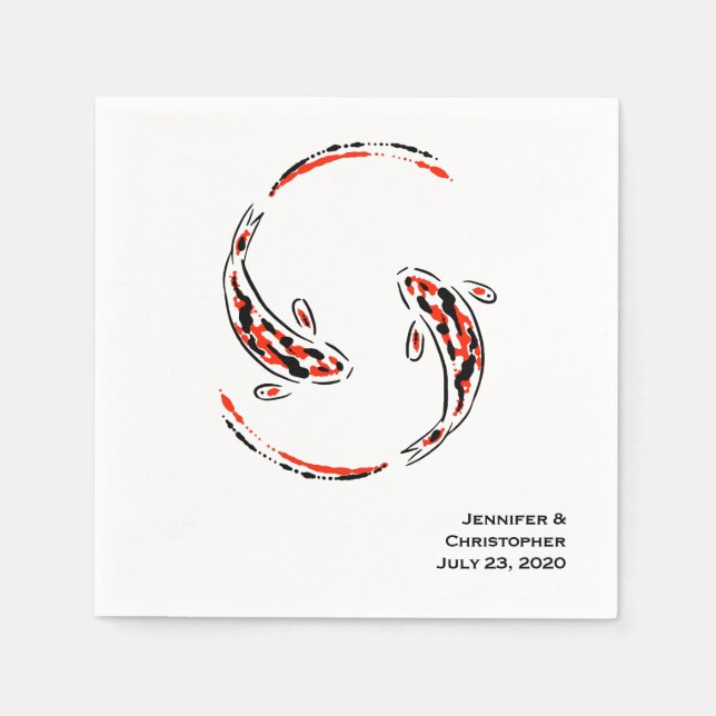 Black & Red Japansk Koi Fish Artistic Bröllop Pappersservett (Framsidan)