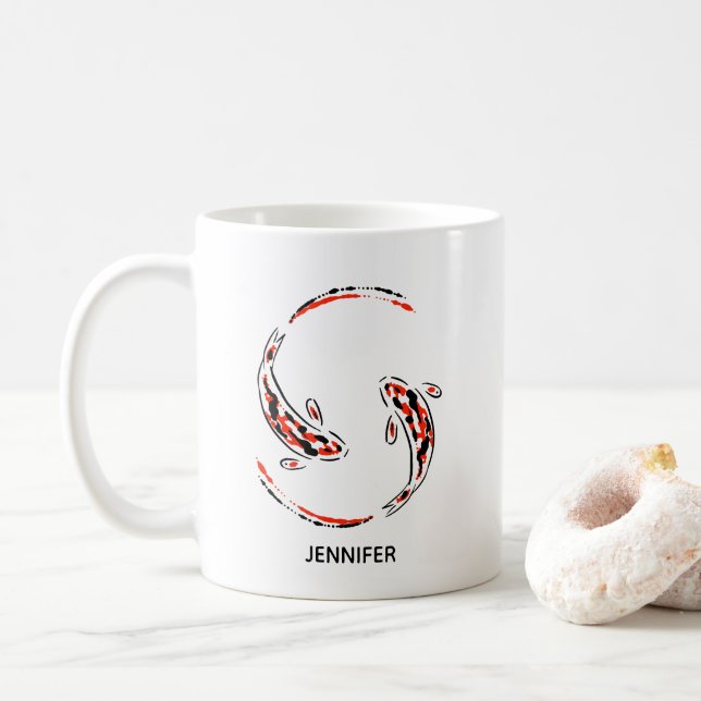 Black & Red Japansk Koi Fish Artistic Kaffemugg (Med munk)