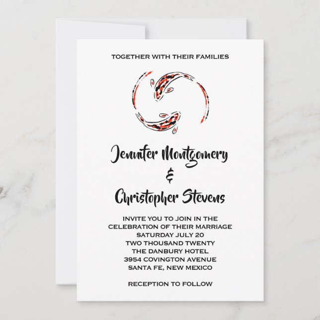 Black & Red Japansk Koi Fish Pair Bröllop Inbjudningar (Framsida)