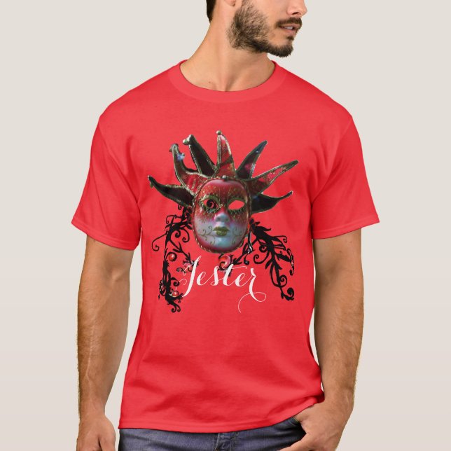 BLACK RED JESTER MASK,BLOMMIGT SWIRLS Masquerad T-shirt (Framsida)