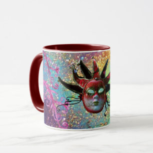 BLACK RED JESTER MASK MasqueraBlue Rosa Blommigt Mugg