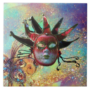 BLACK RED JESTER MASK MasqueraGrönt Blue Kakelplatta