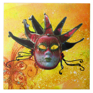 BLACK RED JESTER MASK MasqueraGult Brown Kakelplatta