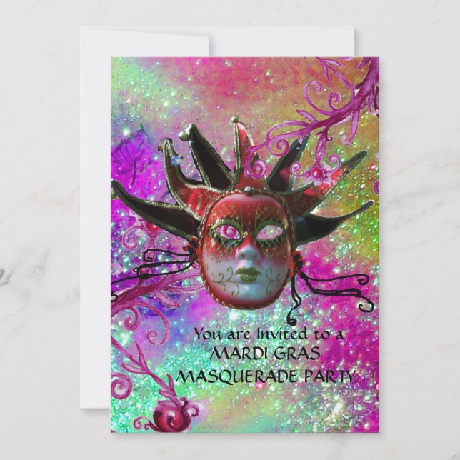 BLACK RED JESTER MASK ,MasqueraParty Champagne Inbjudningar (Framsida)