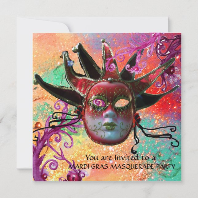 BLACK RED JESTER MASK ,MasqueraParty Champagne Inbjudningar (Framsida)