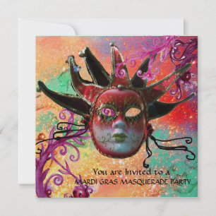 BLACK RED JESTER MASK ,MasqueraParty Champagne Inbjudningar