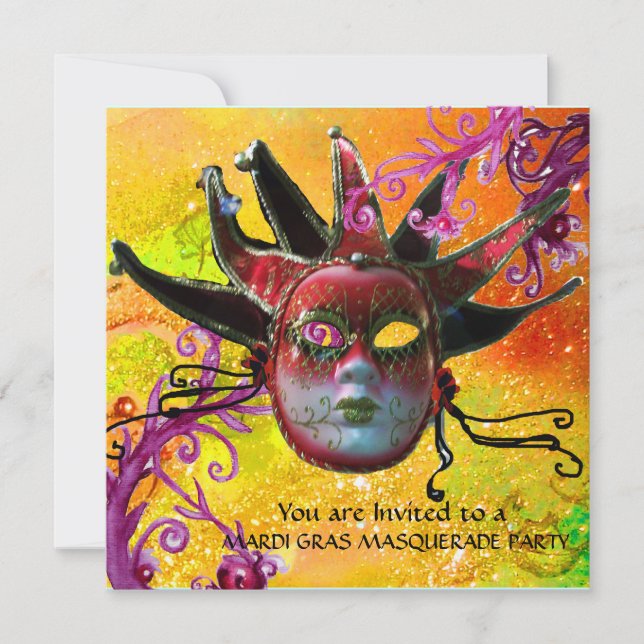 BLACK RED JESTER MASK ,MasqueraParty Champagne Inbjudningar (Framsida)