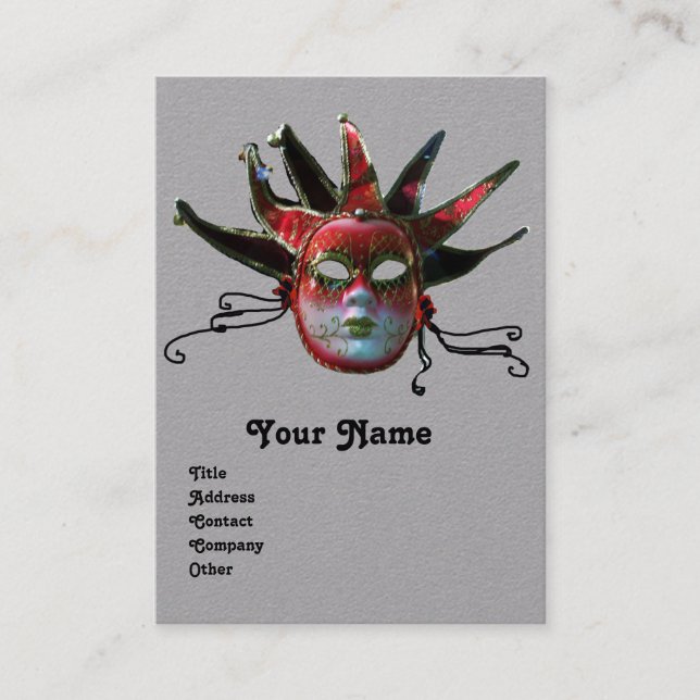 BLACK RED JESTER MASK,MasqueraParty Grått Visitkort (Framsida)