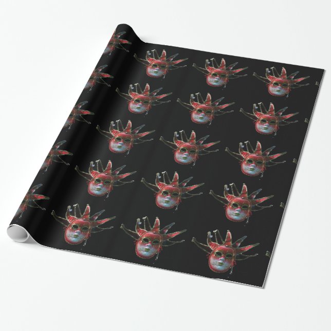 BLACK RED JESTER MASK ,MasqueraParty Presentpapper (Utrullad)