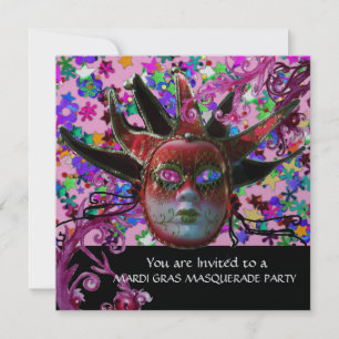 BLACK RED JESTER MASK ,MasqueraParty Silver Inbjudningar