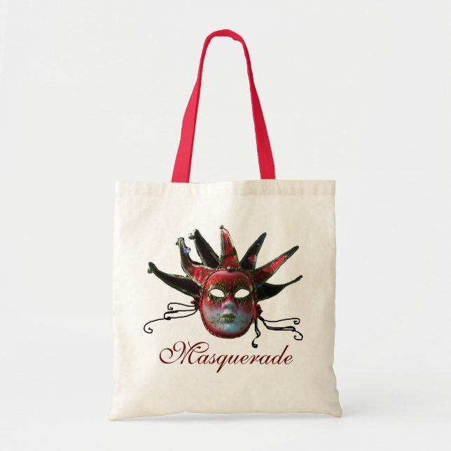 BLACK RED JESTER MASK ,MasqueraParty Tygkasse (Framsidan)