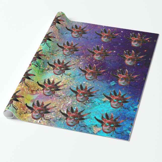 BLACK RED JESTER MASK ,MasqueraParty,Vit Presentpapper (Utrullad)