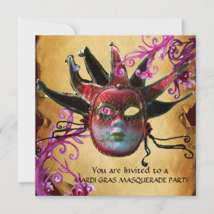 BLACK RED JESTER MASK ,Parchment Masquerad Party Inbjudningar