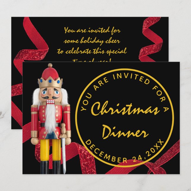 Black Red Jul Kväll Dinner Guld Nutcracker Inbjudningar (Fram/baksida)