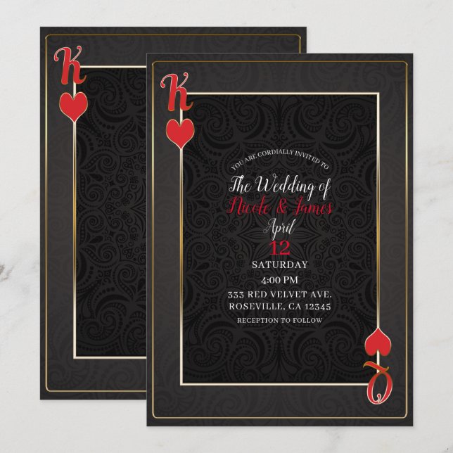 Black Red Kung & Queen of Hearts Elegant bröllop Inbjudningar (Fram/baksida)